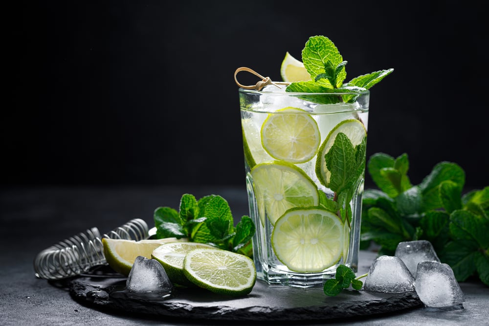 The mojito is made with rum, sparkling water, sugar, lemon juice, ice, and mint