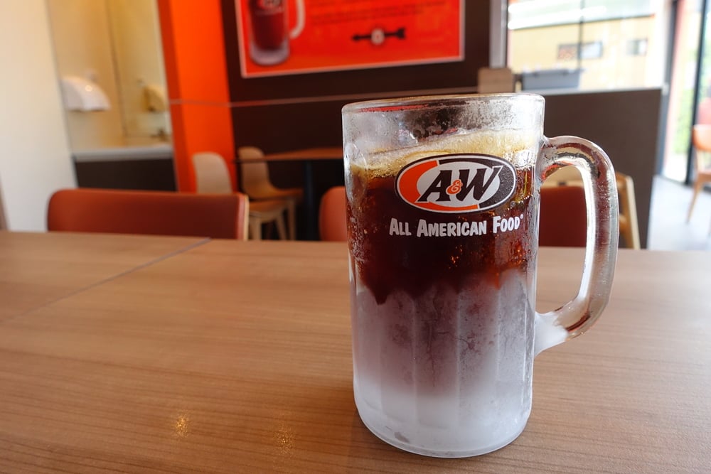 Root beer soft drink in large mug at A & W fast food restaurant