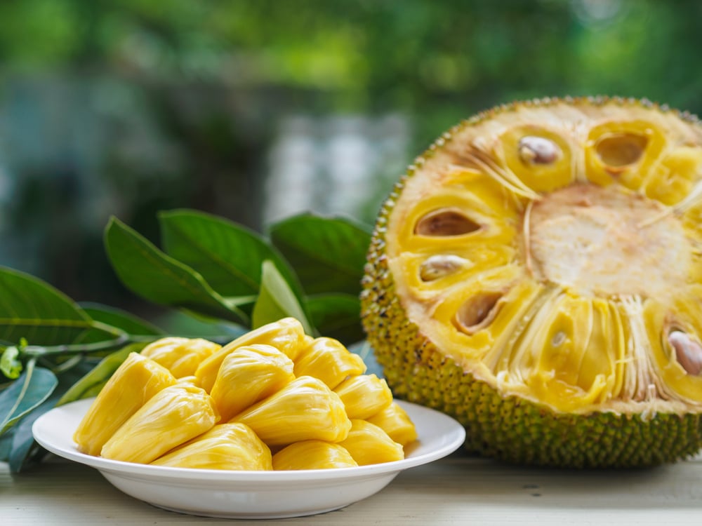 fresh jackfruit and half of a cut jackfruit