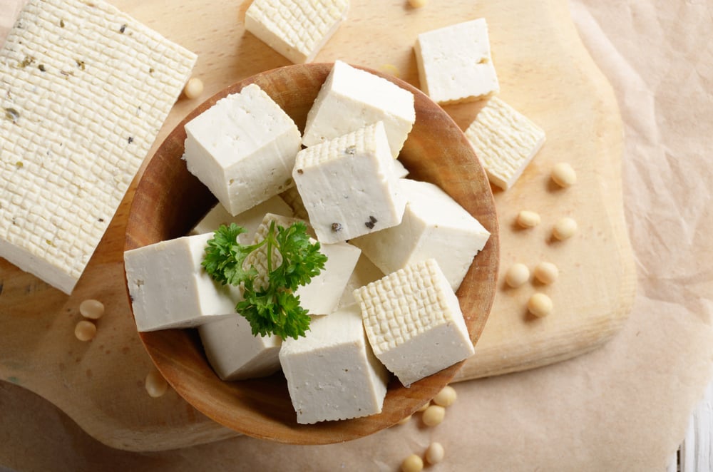 Flat lay view at Soy Bean curd tofu in wooden bowl
