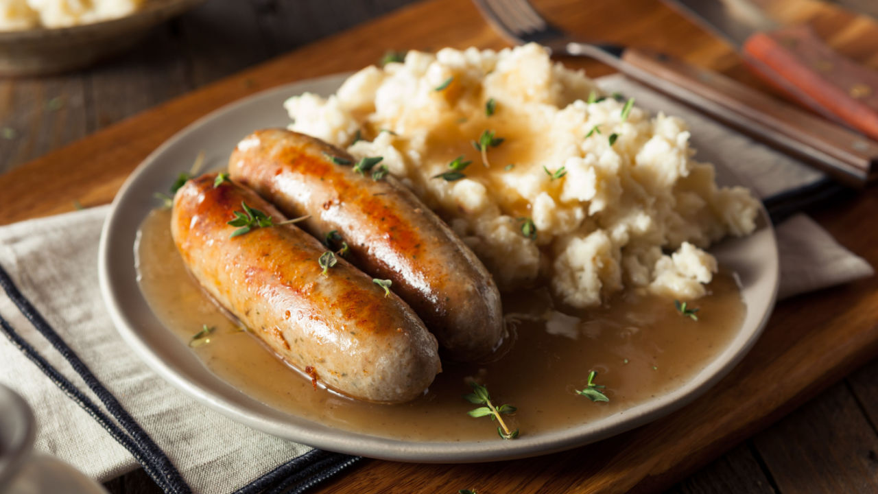 Homemade Bangers and Mash with Herbs and Gravy