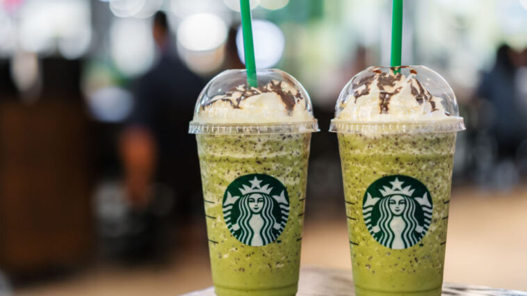 Green tea frappe with whipped-cream at Starbucks coffee