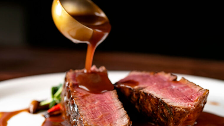 Grilled beef Steak filet Mignon medium rare pour demi-glace sauce