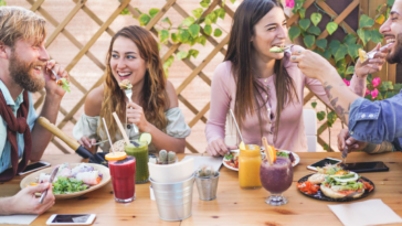 group of friends eating at best brunch akron oh