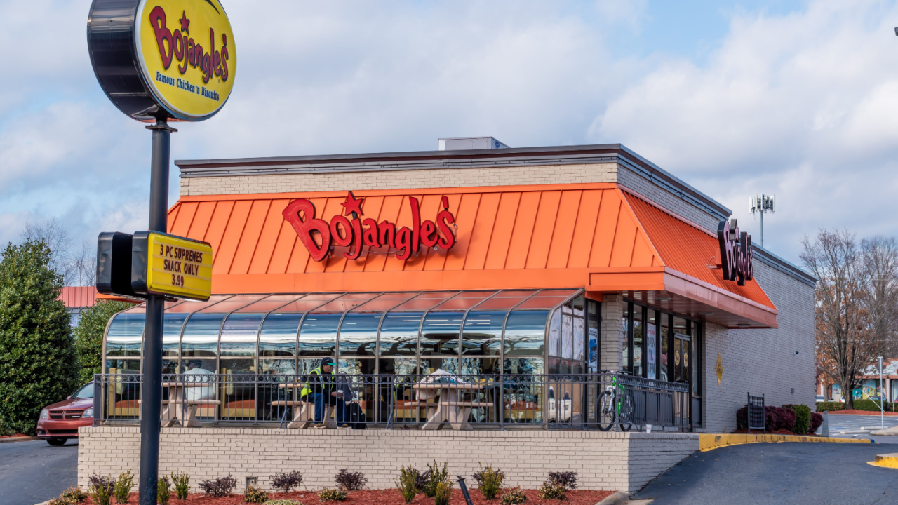 Medium horizontal shot of "Bojangle's" chicken biscuits restaurant