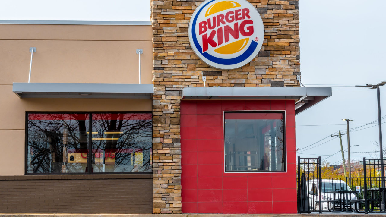 Horizontal, medium shot of "Burger King" exterior facade brand