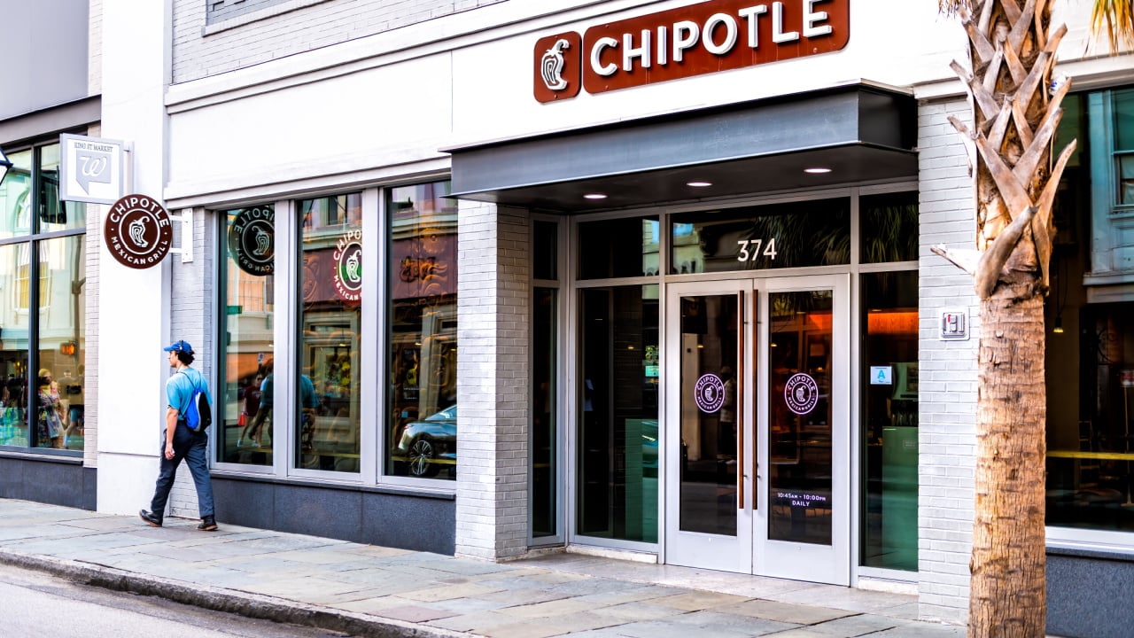 Chipotle restaurant sign in historic old town of South Carolina