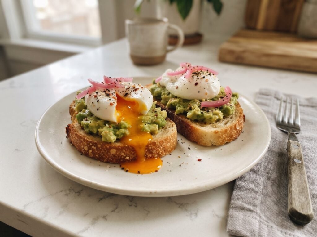 Avocado toast with poached egg, pickled red onion and everything bagel seasoning on sourdough