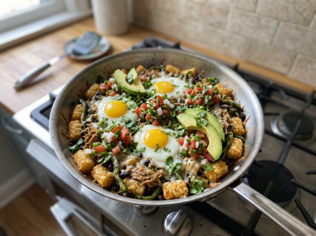 Braised pork tater tot hash with poblanos, black beans, pepper jack and sunny side up eggs