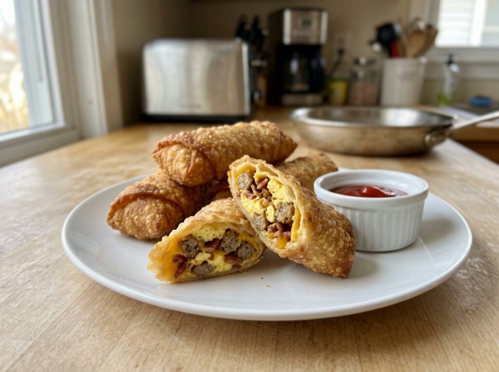Breakfast egg rolls cut open to show scrambled egg, sausage, bacon and cheddar filling