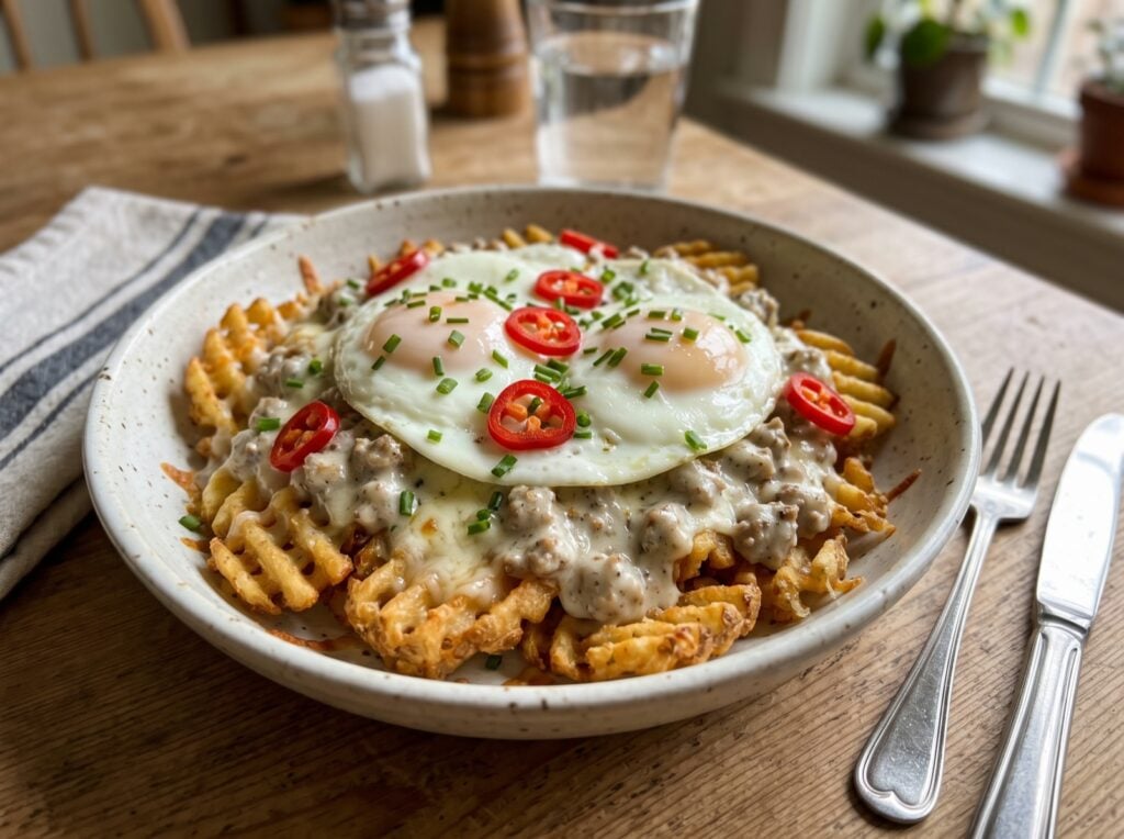 Breakfast poutine of waffle fries with sausage gravy, smoked mozzarella, fried eggs and pickled chilies