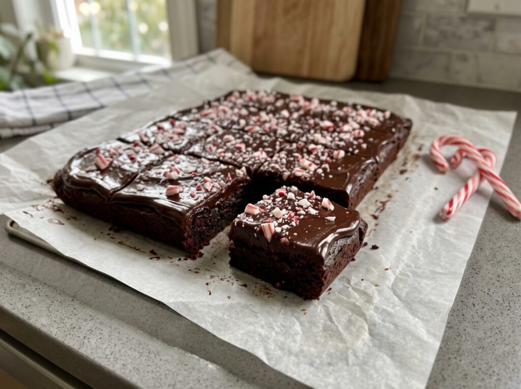 Candy cane brownies with chocolate ganache and crushed candy canes