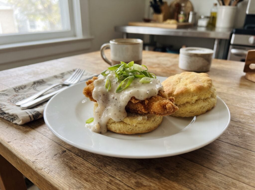 Chicken and biscuits with crispy fried chicken and creamy pepper gravy