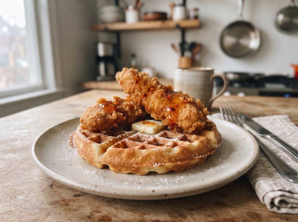 Chicken and waffles drizzled with spicy honey