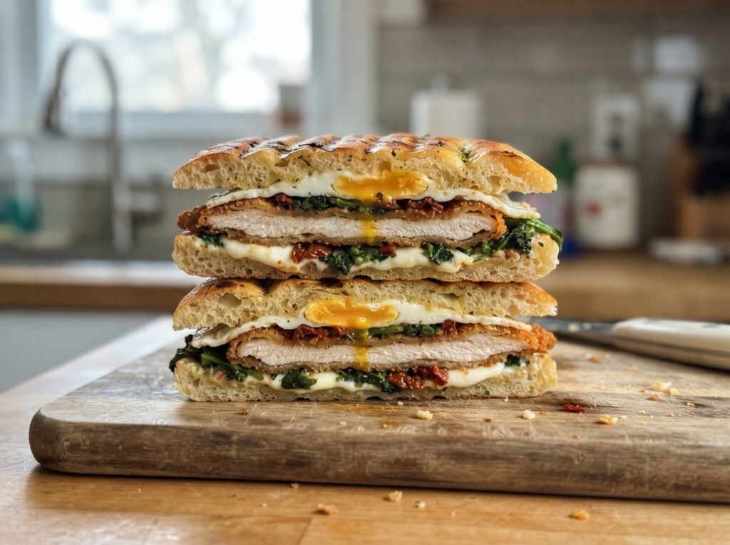 Chicken cutlet breakfast sandwich on focaccia with broccoli rabe, mozzarella, sun-dried tomatoes and egg