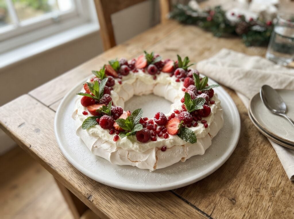 Christmas pavlova wreath topped with berries, pomegranate seeds and mint