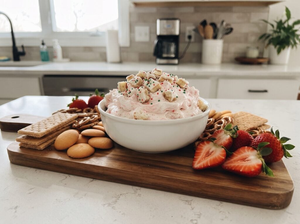 Christmas tree cake dip with sprinkles, graham crackers, pretzels and strawberries