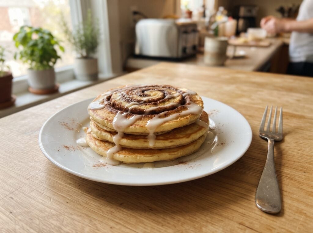 Cinnamon roll pancakes with cinnamon sugar swirl and cream cheese glaze