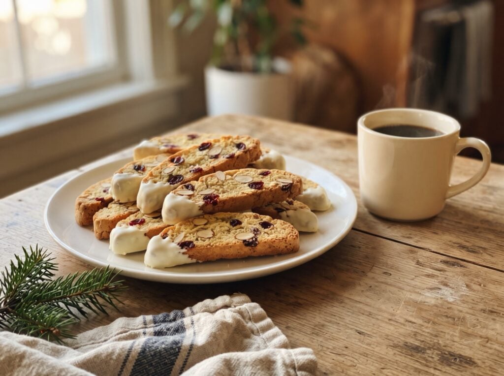 Cranberry almond biscotti dipped in white chocolate on a plate with a mug of coffee