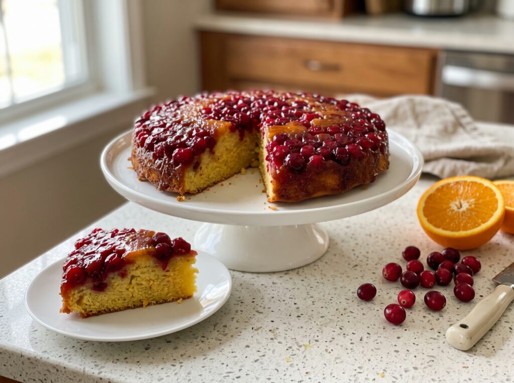 Cranberry orange upside down cake with a slice cut