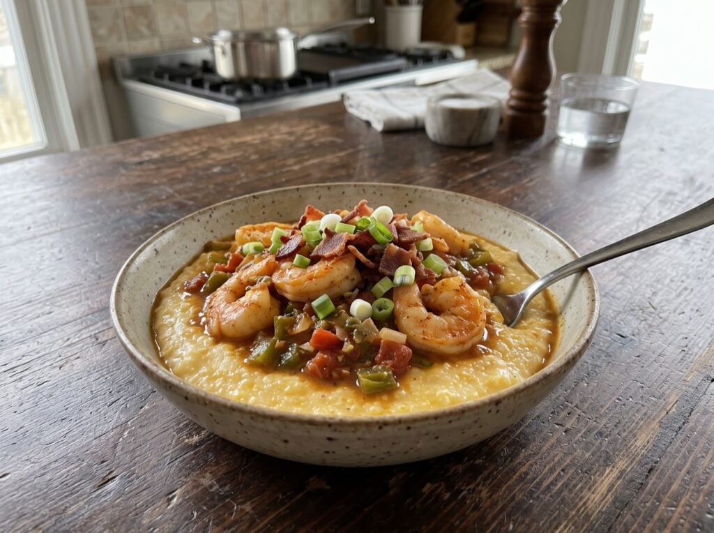 Creole shrimp and grits with tomato pepper sauce, crumbled bacon and scallions