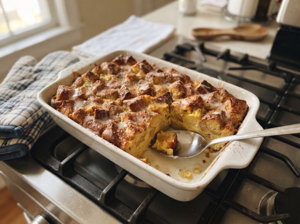 Eggnog bread pudding with glaze in a baking dish