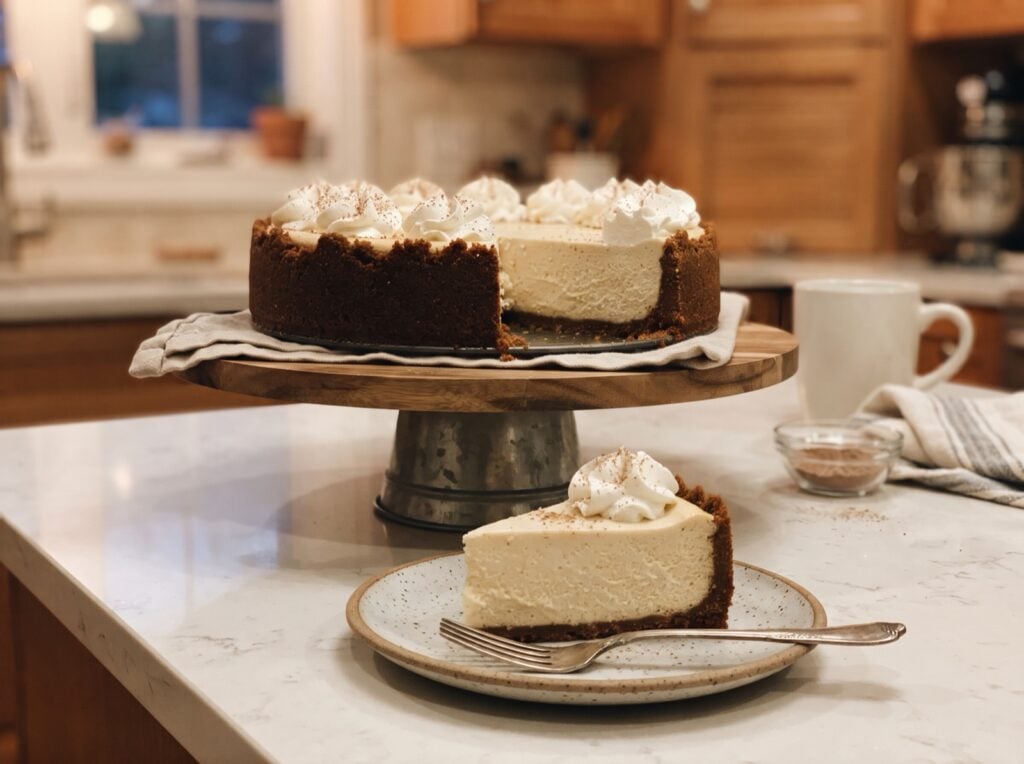 Eggnog cheesecake with gingersnap crust, whipped cream and nutmeg