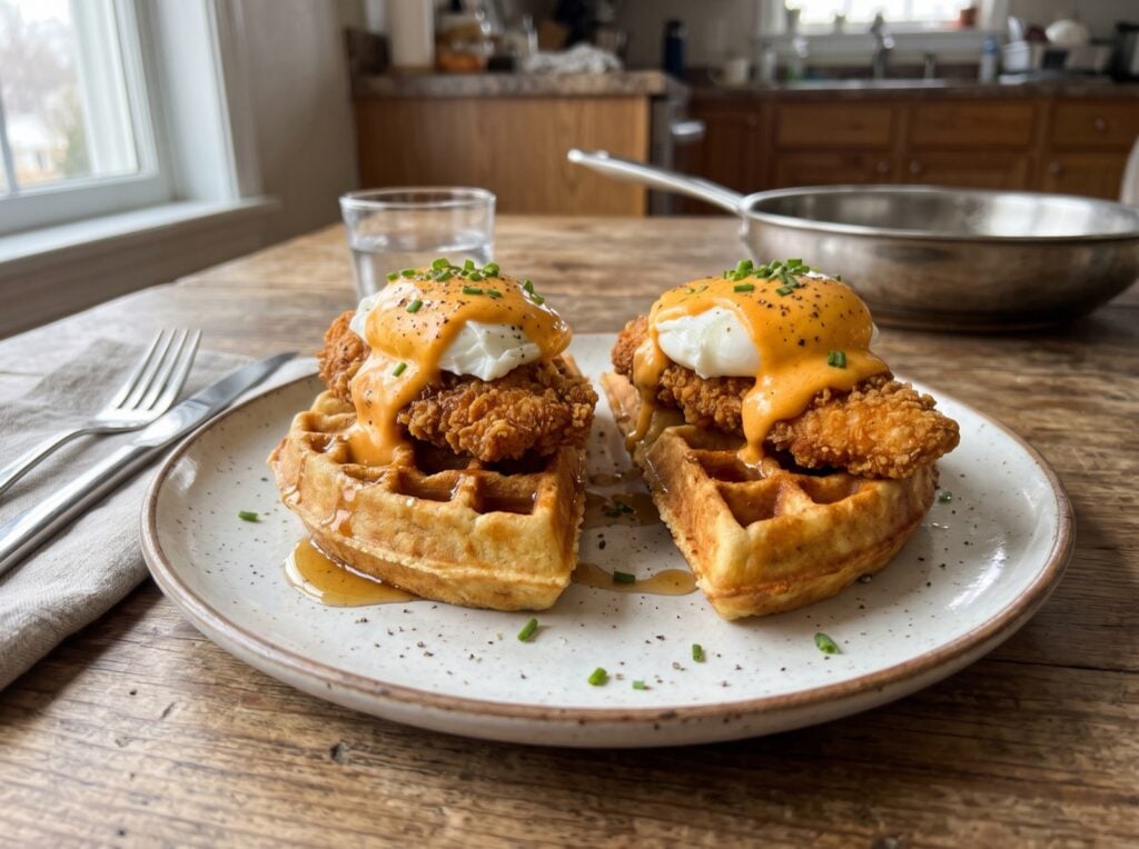 Fried chicken benedict on Belgian waffles with poached eggs and hot sauce hollandaise