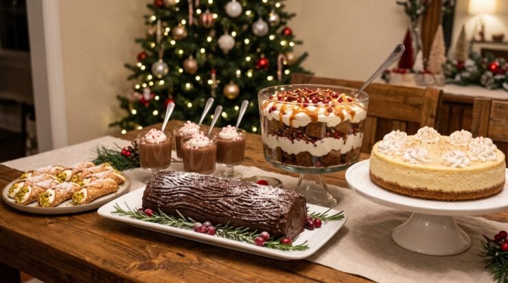 Holiday dessert table with a yule log, gingerbread trifle, eggnog cheesecake, cannoli and peppermint chocolate mousse
