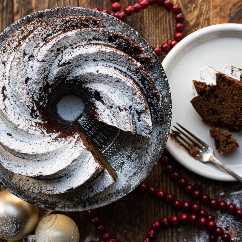 Holiday spice cake dusted with powdered sugar