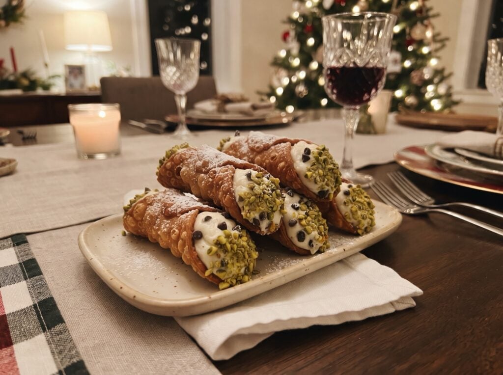 Homemade cannoli with ricotta, mini chocolate chips and pistachio ends