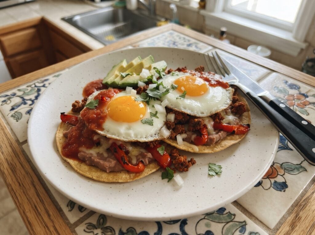Huevos rancheros with fried tortillas, refried beans, chorizo, eggs, salsa roja and avocado
