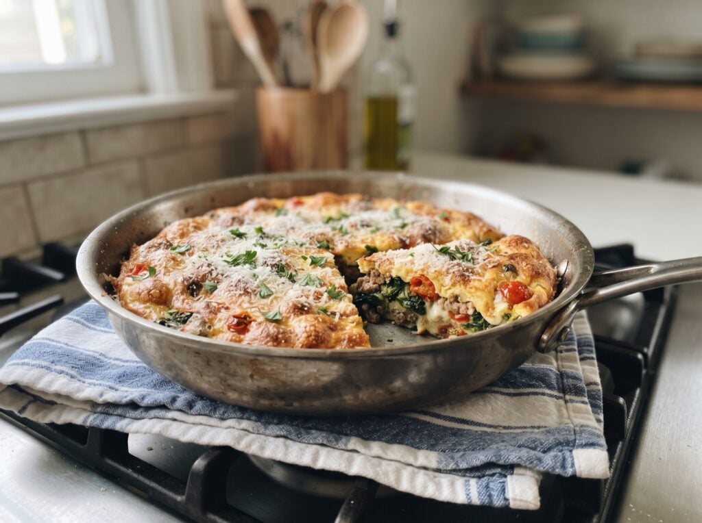 Italian sausage and broccoli rabe frittata with cherry tomatoes and mozzarella in a skillet