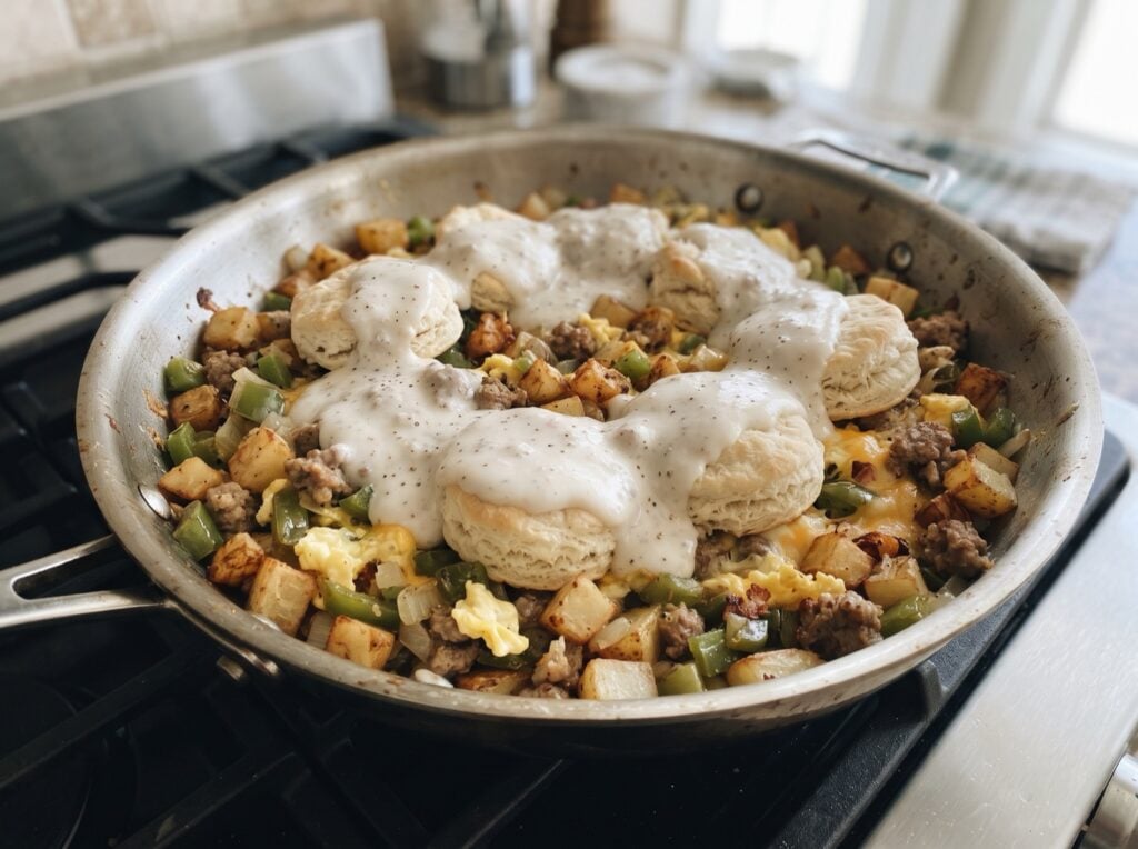 Kitchen sink breakfast skillet with potatoes, sausage, eggs, Gruyere, biscuits and sausage gravy