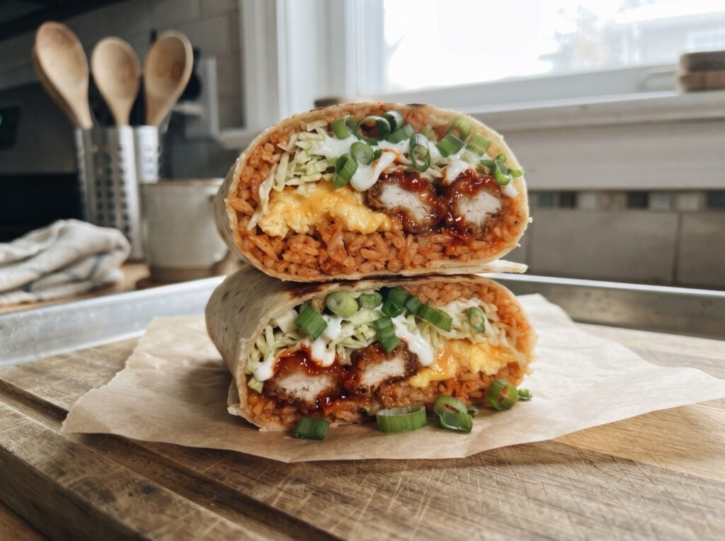 Korean fried chicken breakfast burrito cut in half showing kimchi rice, eggs and gochujang chicken