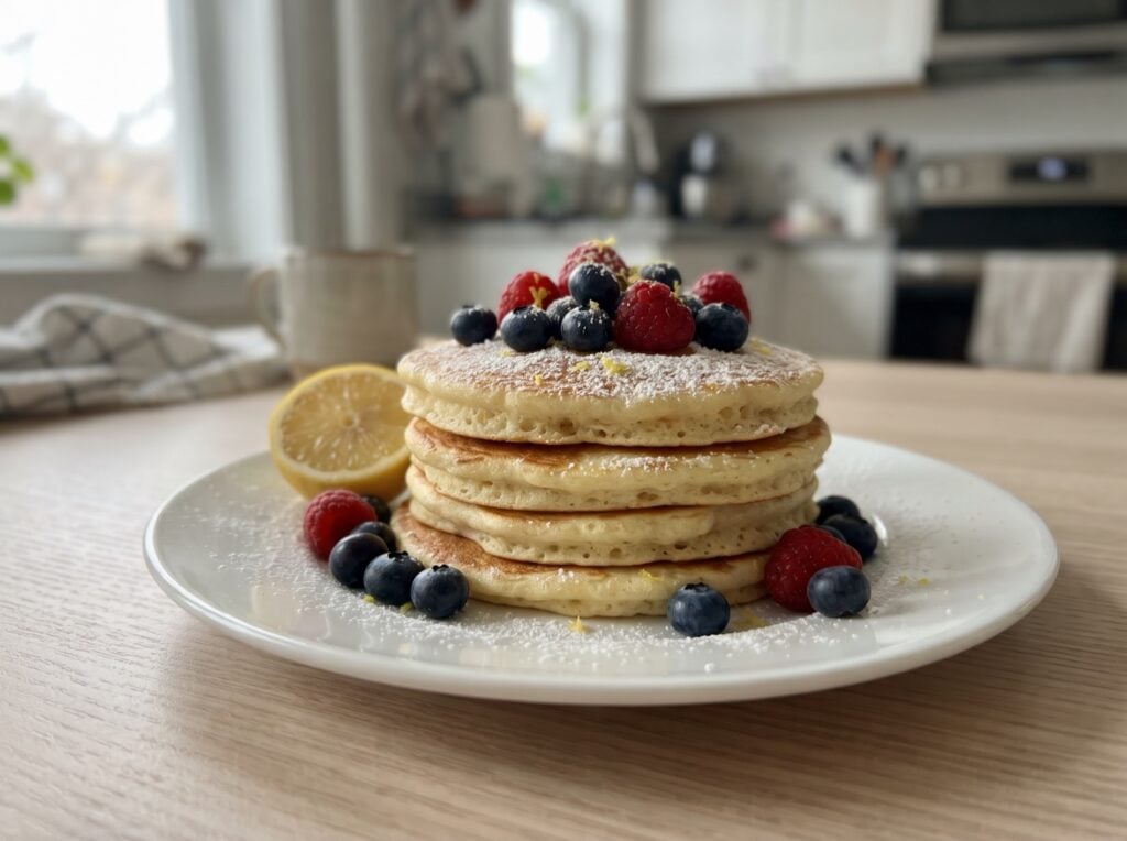 Stack of lemon ricotta pancakes dusted with powdered sugar and topped with berries
