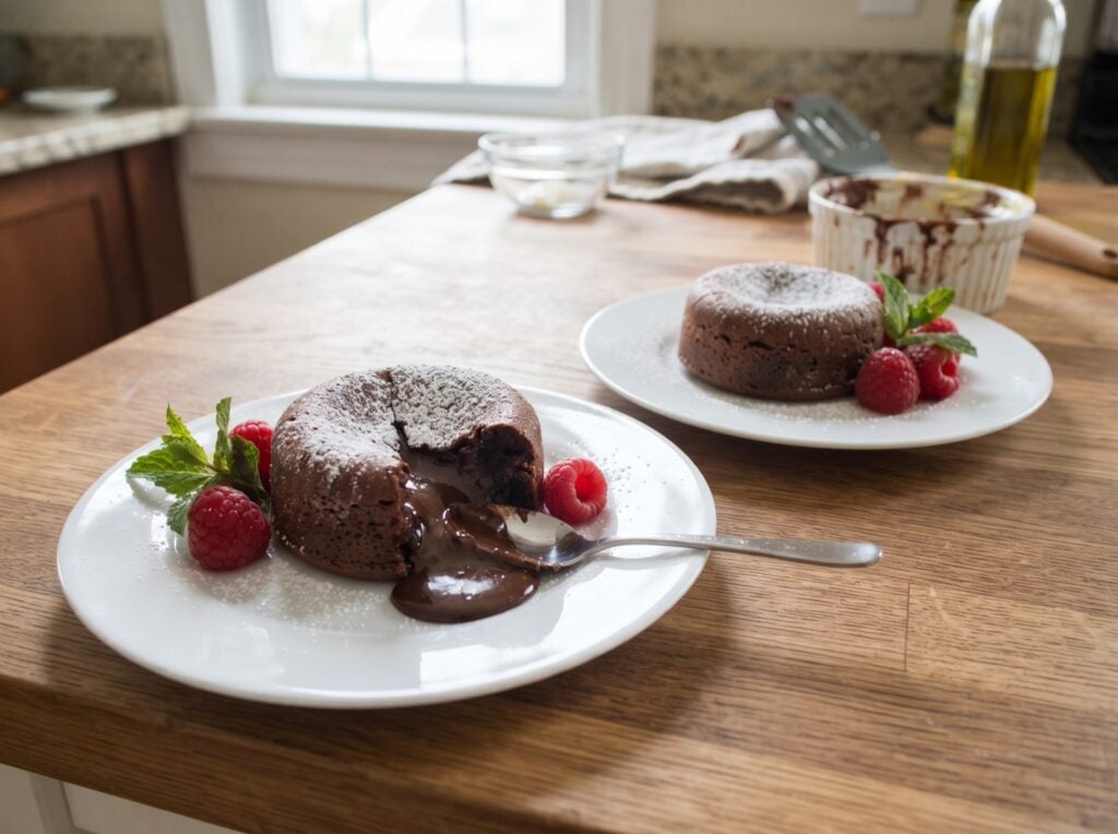Molten chocolate lava cake with chocolate flowing from the center, raspberries and mint