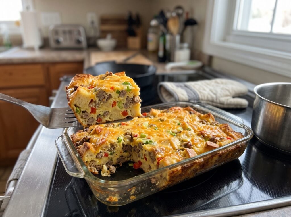 Overnight sausage and egg breakfast casserole with bread, cheddar and peppers