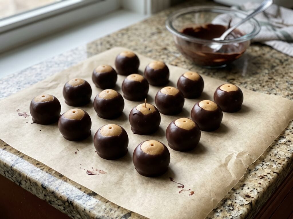 Chocolate dipped peanut butter buckeyes on parchment