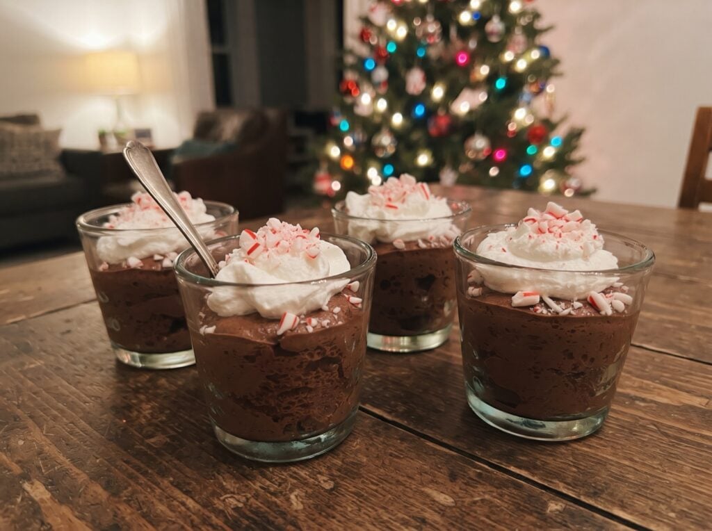Peppermint chocolate mousse in small glasses with whipped cream and crushed candy canes