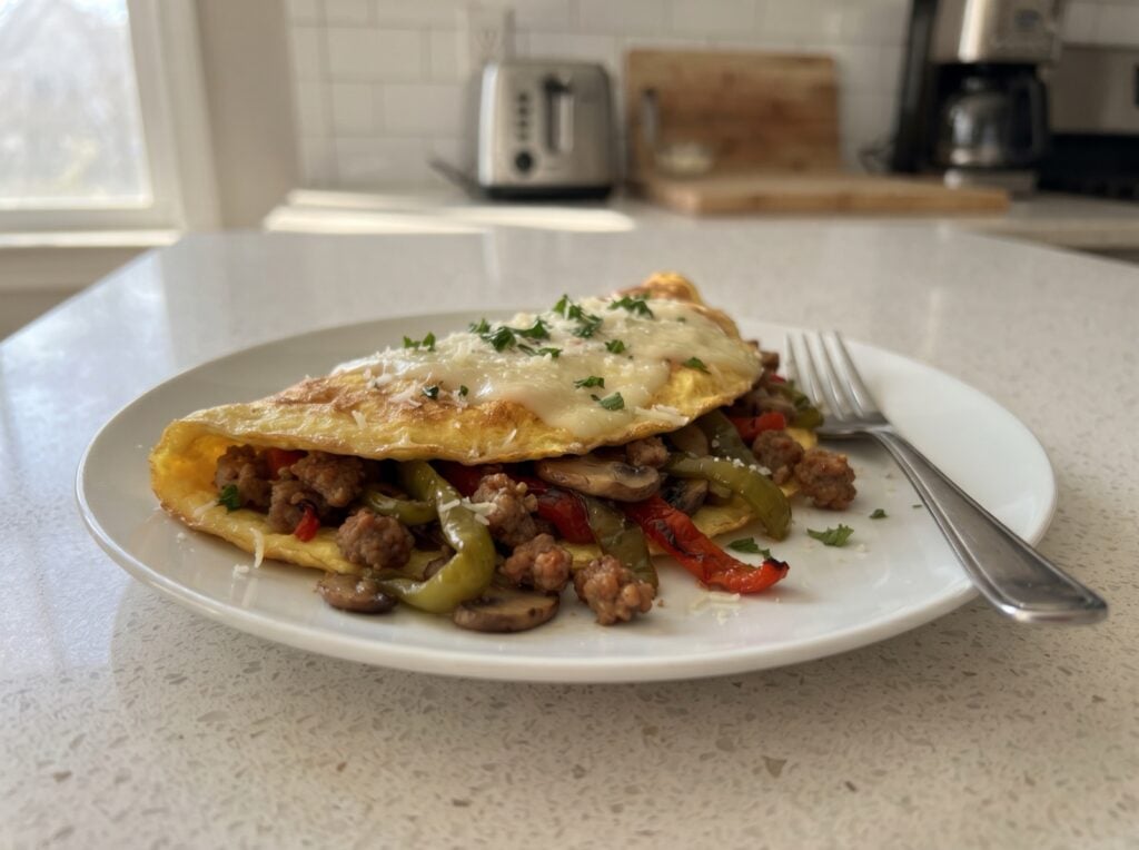 Philly omelette filled with Italian sausage, long hot peppers, mushrooms and provolone
