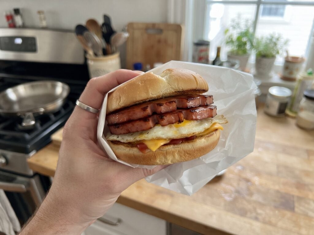 Pork roll, egg and cheese sandwich on a kaiser roll