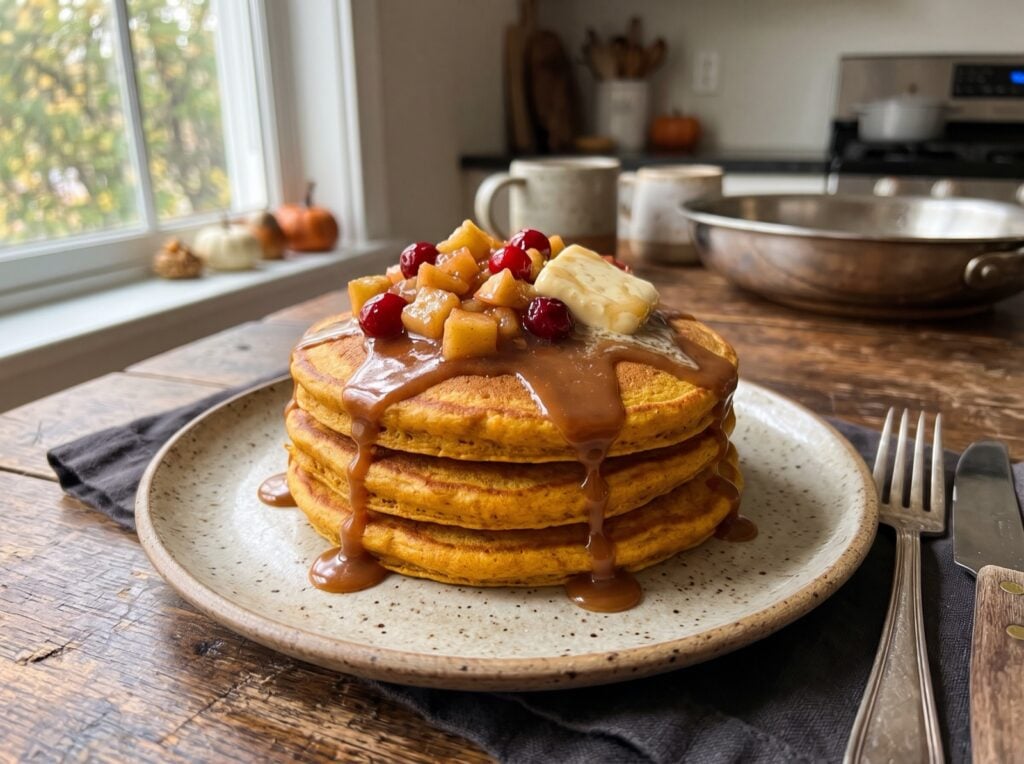 Pumpkin pancakes topped with apple cranberry compote, maple butter and salted caramel