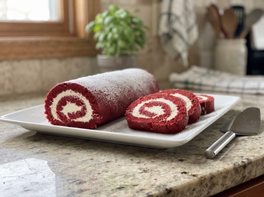 Red velvet cake roll with cream cheese filling, sliced