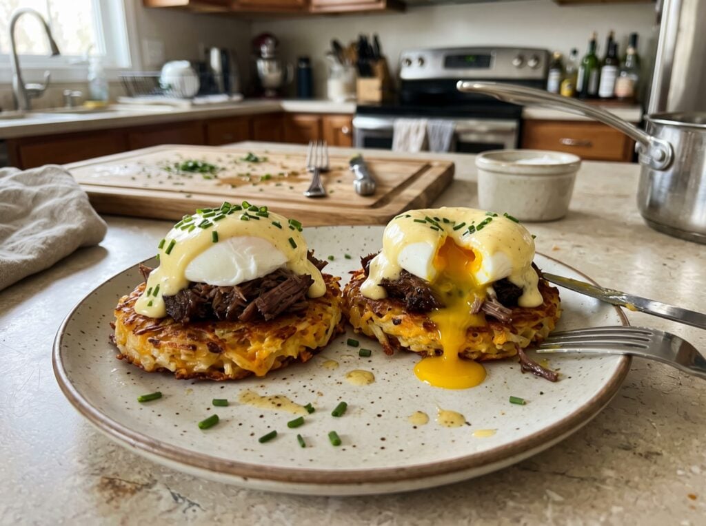 Short rib benedict on cheddar hash brown patties with poached eggs and horseradish hollandaise