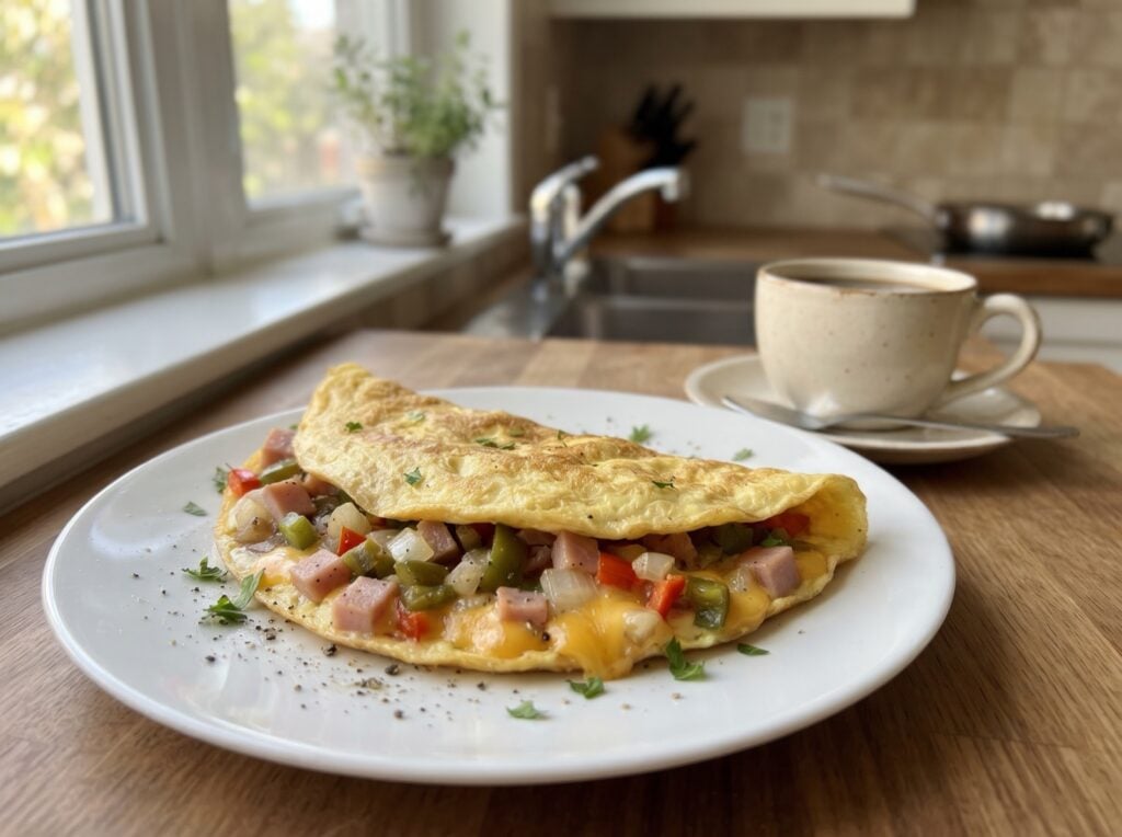 Western omelette filled with ham, peppers, onion and cheddar