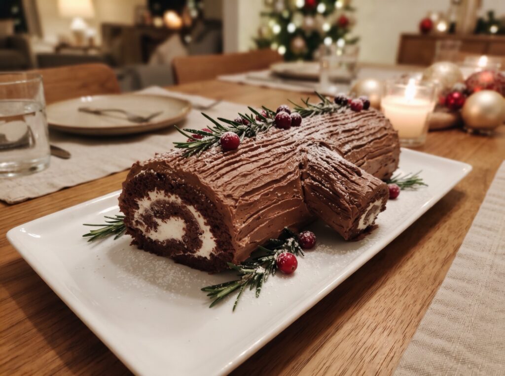Chocolate yule log with powdered sugar, rosemary and cranberries